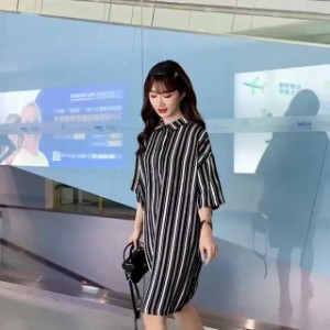 縦縞 シャツドレス 韓国スタイル ホットママ ラペルプラスサイズ スカート