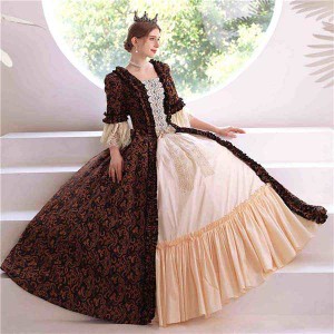 【送料無料】華麗な 宮廷ドレス ドレス レディース ロングドレス ブラウン ジャガード織 ロココ 貴族ドレス 18世紀 中世ヨーロッパ お姫