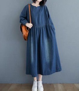 ワンピース 夏 きれいめ ロング 大きいサイズ フレア 長袖 ゆったり 無地 シンプル カジュアル 30代 40代 ブルー OP-204R
