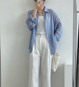 シアーシャツ トップス シースルー 透け感 ゆったり カジュアル シンプル 大人 きれいめ 30代 40代 ブルー ベージュ イエロー ピンク