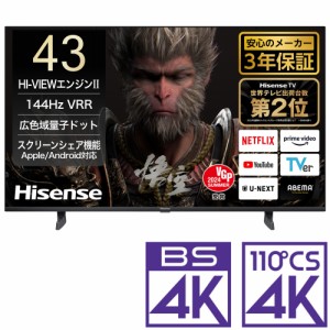 ハイセンス 43U7N 43型地上・BS・110度CSデジタル4Kチューナー内蔵　LED液晶テレビ(別売USB HDD録画対応) Hisense　U7N[43U7N] 返品種別A