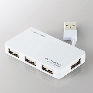 エレコム U2H-YKN4BWH USBハブ2.0 ケーブル収納 バスパワー 4ポート ホワイト[U2HYKN4BWH] 返品種別A