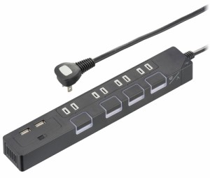 オーム HS-TPKU42K-22 光る押しボタンスイッチ付き節電タップ（4個口+USB2ポート・2m）OHM　00-1669[HSTPKU42K22] 返品種別A