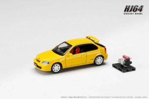 ホビージャパン 1/64 ホンダシビック TYPE R (EK9) 1997 エンジンディスプレイモデル付 サンライトイエロー【HJ643016AY】ミニカー  返品