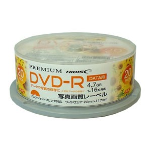 HIDISC HDVDR47JNP20SN データ用DVD-R 16倍速対応 20枚パック4.7GB ホワイトプリンタブルハイディスク[HDVDR47JNP20SN] 返品種別A