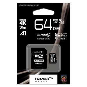 HIDISC HDMCSDX64GCL10V30 4K対応 microSDXCメモリーカード 64GB Class10 UHS-I[HDMCSDX64GCL10V30] 返品種別A