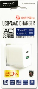 HIDISC ML-PDUS2P20WH USB PD・QC対応 Type-C/A AC充電器 (20W)[MLPDUS2P20WH] 返品種別A