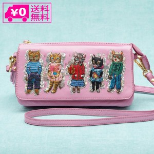 送料無料 ハナカラクサ Nathalie Lete Cats pink お財布ポシェット SHO2932 ショルダー バッグ ピンク 羊皮