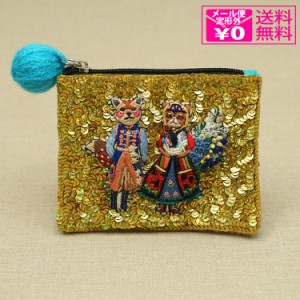 メール便送料無料 タマオワールド スパンコール刺繍ポーチ Folkloreanimals lily of the valley POC3414 ポーチ 小物入れ レディース 刺