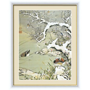 【若冲 鳳凰 旭日】【動植綵絵額】群鶏・白鳳・鶏■伊藤若冲 額装品（白）F4号 雪中遊禽図