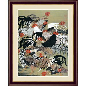 【若冲 鳳凰 旭日】【動植綵絵額】群鶏・白鳳・鶏■伊藤若冲 額装品（茶）F6号 群鶏図