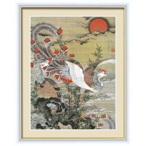 【若冲 鳳凰 旭日】【動植綵絵額】群鶏・白鳳・鶏■伊藤若冲 額装品（白）F6号 旭日鳳凰図