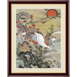 【若冲 鳳凰 旭日】【動植綵絵額】群鶏・白鳳・鶏■伊藤若冲 額装品（茶）F4号 旭日鳳凰図