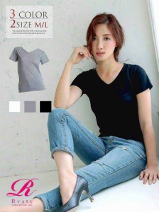 Tシャツ レディース トップス TシャツRvate 小顔効果◎Vネック半袖TシャツRyuyu リューユ シンプル無地トップス(M/L)(ブラッ