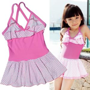 H002 女児水着 子供 水着+キャップ ドット付き かわいい 可愛い女の子 みずぎ (身長80-150cm)ピンク・ブルー セール開催中