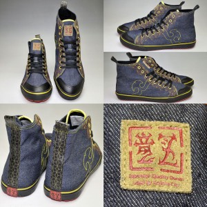 和柄スニーカー メンズ 和風靴 ハイカット 大人おしゃれカジュアル 竜図児島デニム刺繍麻