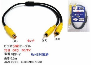 CAビデオ2分配ケーブル(メス⇔オスx2)/0.3m[VDF-Y] 