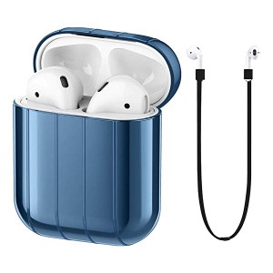 Apple Airpods 対応充電ケース 耐衝撃 滑り止め保護ケースな硬PC[ホコリ収集せず] ＆紛失防止ストラップ（シアン）