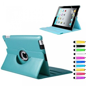 iPad2 iPad3 iPad4 360度回転式 スタンド仕様 レザー ケース 液晶保護フィルム付き sea green(シーグリーン)