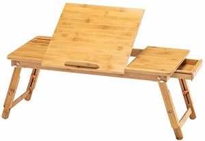 ノートパソコンデスク 竹製 ベッドテーブル ローテーブル 折りたたみ式 多機能 角度&高さ調節可能 収納付き ナチュラル ローテー...