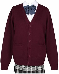 スクールカーディガン 女子 制服 カーディガン 学生 厚手 無地 Vネック ゆったり 通学 ワイン（W-XL） 【XL-ワイン】