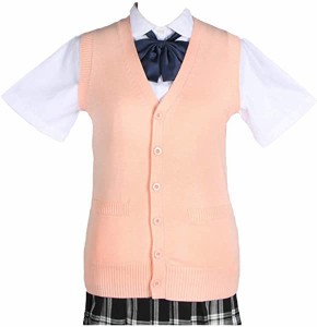 スクールカーディガン 女子 制服 カーディガン 学生 厚手 無地 Vネック ゆったり 通学 ピンク（P-W-L） 【L-ピンク(ノースリーブ)】