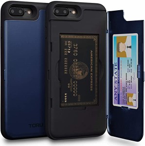 iPhone8 Plus ケース カード ブルー収納背面 3枚 IC Suica カード入れ カバ― ミラー付き (アイフォン8Plus / アイフォン7Plus  ...