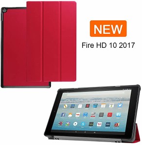 Fire HD10 2019 ケース スタンド機能付き 開閉式三つ折薄型スタンドケース PUレザー Fire HD10 2017 カバー レッド 送料無料