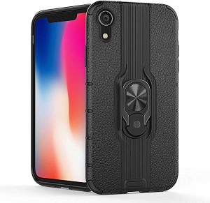 iPhone XR ケース リング スタンド付き 耐衝撃 背面カバー スマホカバー レザーテクスチャ TPU+PC素材 二重構造 360度回転 マグ ...