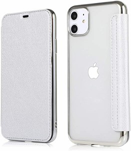 iPhone11 ケース 手帳型 クリア 背面 薄 透明 PUレザー 衝撃吸収 シンプル 携帯カバー iPhone 11 6.1 (iPhone 11 6.1, 銀色