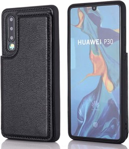 P30 (6.1インチ) 対応 HUAWEI スマホ バックカバー ケース 2020最新版 背面カード 手帳型ケース (ブラック) 手作り 財布型 マグ ...