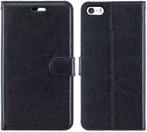 iPhone 5 5s SE 手帳型 ケース (ブラック) マグネット式 ストラップ付き スタンド機能 スマホケース 横開き PU革 カード入れ ...