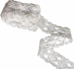 レースリボン 銀色 菱形モチーフ スパンコール 縫製 長約9m 幅5cm カーテン ウェディングドレス DIY 服装装飾 手芸用 材料 シルバー