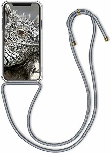 iPhone XS ケース ネック ショルダー ストラップ付き スマホ シリコン カバー 紐付き 斜めがけ 透明 グレー 送料無料