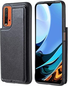 Redmi 9T 対応 XIAOMI スマホ バックカバー ケース 手帳型 (ブラック) 手作り 財布型 マグネット 薄 軽量 ポケット収納付き 背面...