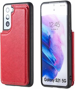 Galaxy S21 5G (6.2インチ) 対応 Samsung スマホ バックカバー ケース 手帳型 (レッド) 手作り 財布型 マグネット 薄 軽量 ポケ ...