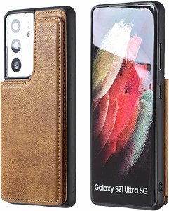 Galaxy S21 Ultra (6.8インチ) 対応 Samsung スマホ バックカバー ケース 手帳型 (ブラウン) 手作り 財布型 マグネット 薄 軽量 ...