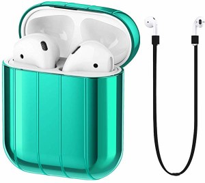 Apple Airpods 対応充電ケース 耐衝撃 滑り止め保護ケースな硬PC[ホコリ収集せず] ＆紛失防止ストラップ(エメラルド)