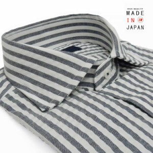 [FATTURA]　長袖ワイシャツ　白×紺グレー/ストライプ　ワイドカラー　綿100％　日本製　メンズドレスシャツ　FT33-420209-1