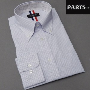長袖ワイシャツ　白×青系　ストライプ　ボタンダウン　セミロングポイント　PARIS-16e　形態安定　HKP-B07