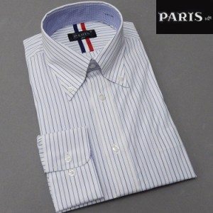 長袖ワイシャツ　白地×紺×青　ストライプ　セミロングポイントカラー　ボタンダウン　PARIS-16e　形態安定　HKP-B08