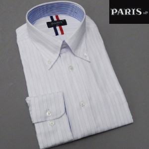 長袖ワイシャツ　白地×青　ストライプ　セミロングポイントカラー　ボタンダウン　PARIS-16e　形態安定　HKP-B19