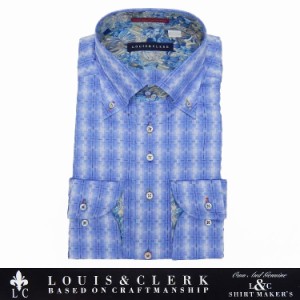 [LOUIS&CLERK]　長袖ワイシャツ　濃淡青藤色/チェック　綿100％　日本製　ドゥエ　ボタンダウン　メンズドレスシャツ　LC503-058