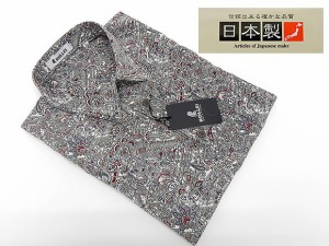アダルトカジュアルシャツ　[ROLLEI]　日本製　長袖　白×鼠×ワイン　ペイズリー柄　ポリエステル100％　秋冬物