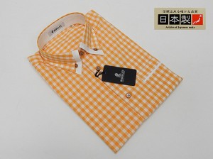 アダルトカジュアルシャツ　[ROLLEI]　日本製　長袖　白×橙　チェック　マイターカラー　綿100％　デザインシャツ　ROL203