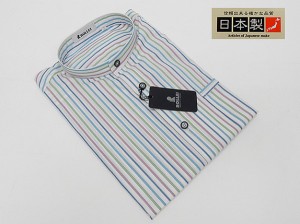 アダルトカジュアルシャツ　[ROLLEI]　日本製　長袖　白地　ストライプ　スタンドカラー　綿100％　デザインシャツ　ROL206