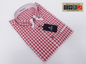 アダルトカジュアルシャツ　[ROLLEI]　日本製　長袖　白×赤　チェック　マイターカラー　綿100％　デザインシャツ　ROL210