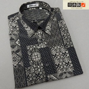 アダルトカジュアルシャツ　[ROLLEI]　日本製　長袖　黒×白　和柄つぎはぎ　デザインシャツ　ROL34257-2