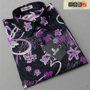 アダルトカジュアルシャツ　[ROLLEI]　日本製　長袖　黒×紫　花柄　デザインシャツ　ROL34264-1