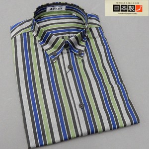 アダルトカジュアルシャツ　[ROLLEI]　日本製　長袖　灰×黒×青×緑　ストライプ　綿100％　デザインシャツ　ROL34271-1